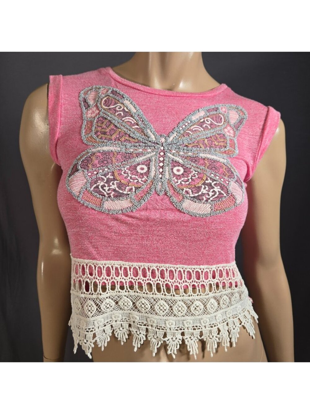 Y2K Cropped Butterfly Baby Tee Sleeveless Lace Trim Size S Coral Pink Fairy Boho